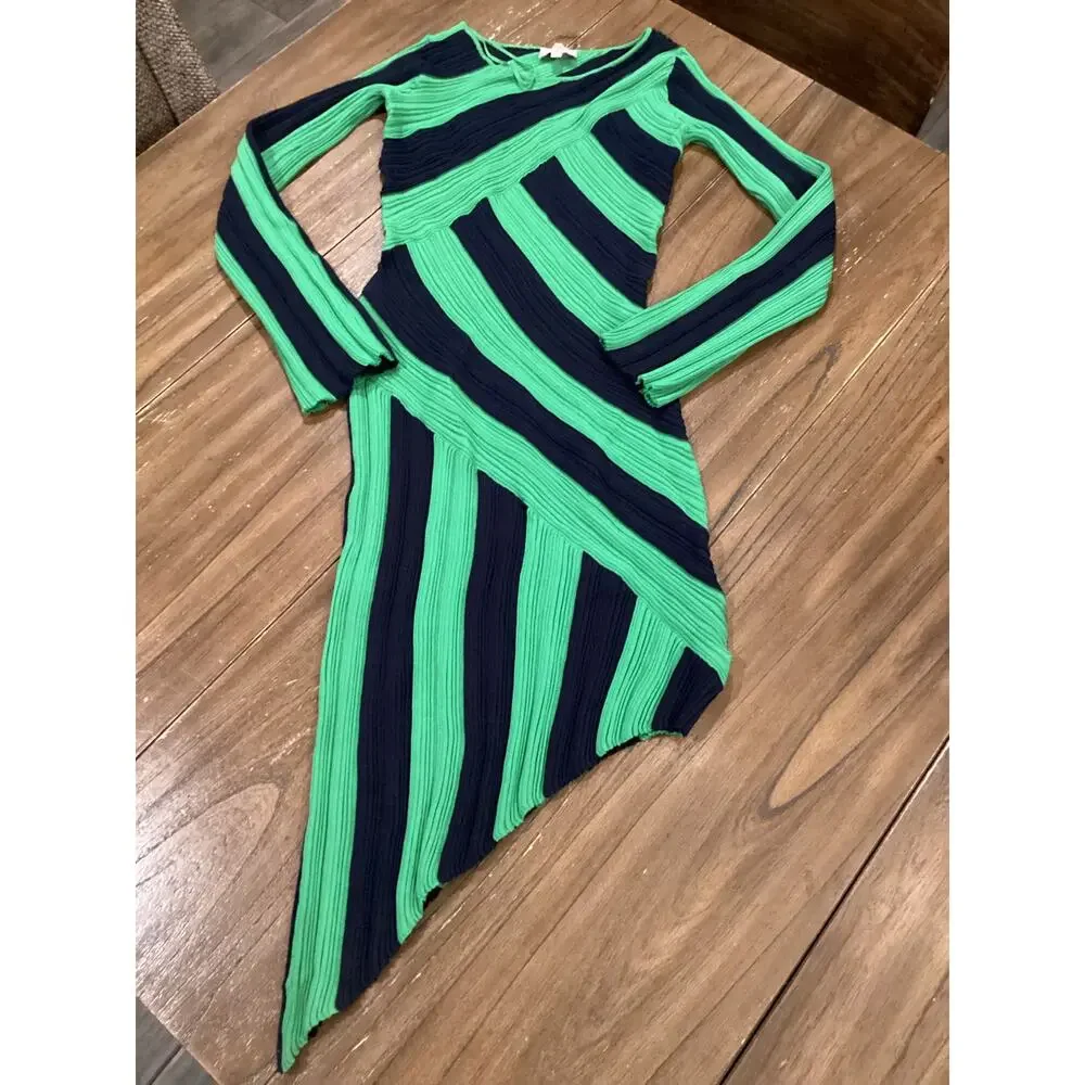 Ciebon Osha Directional Stripe Long Sleeve Asymmetric Knit Midi Dress Green S - Picture 11 of 12